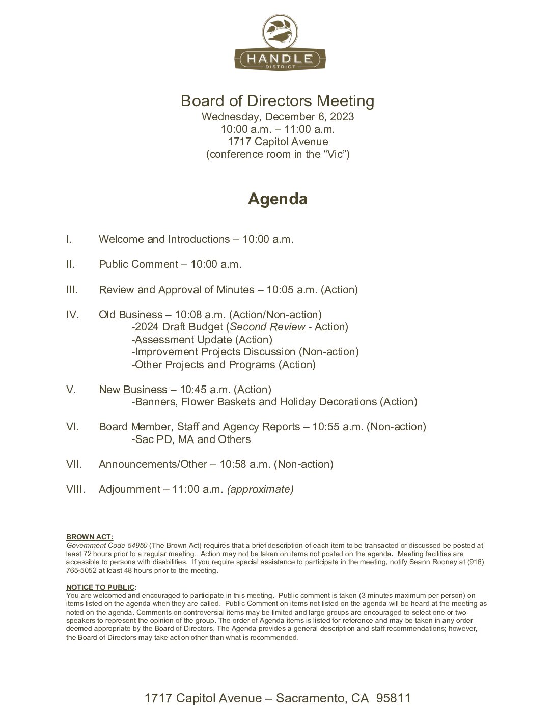 December 2023 Meeting Agenda
