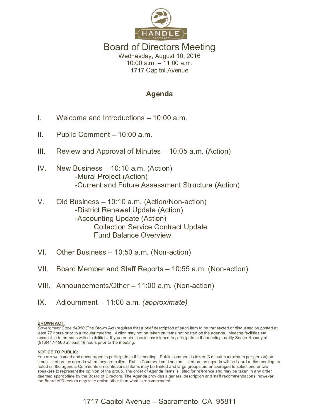 August 2016 Meeting Agenda