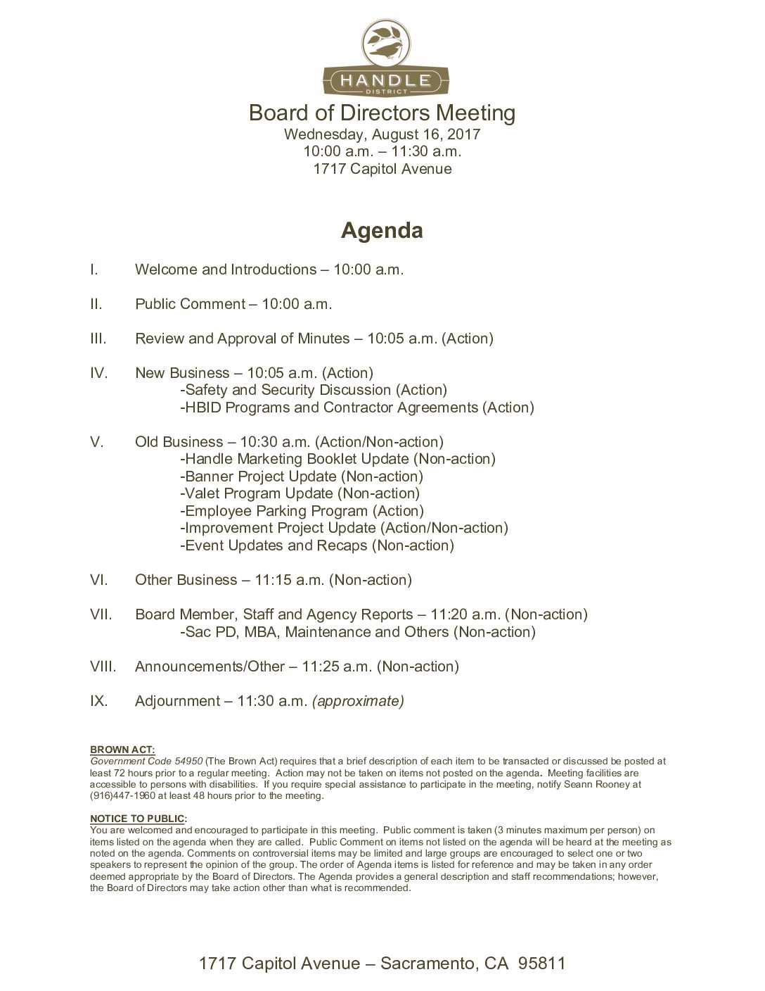 August 2017 Meeting Agenda