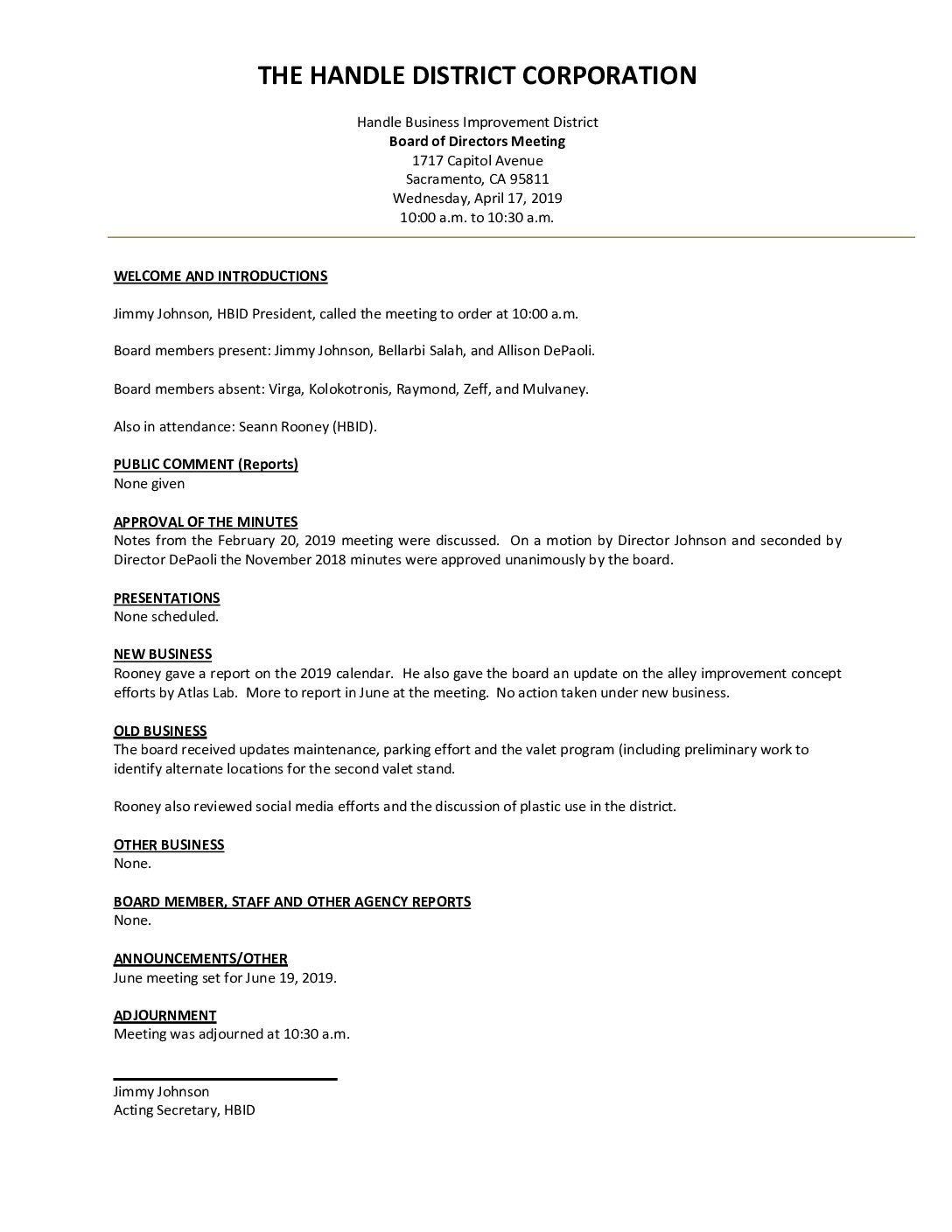 April 2019 Meeting Minutes