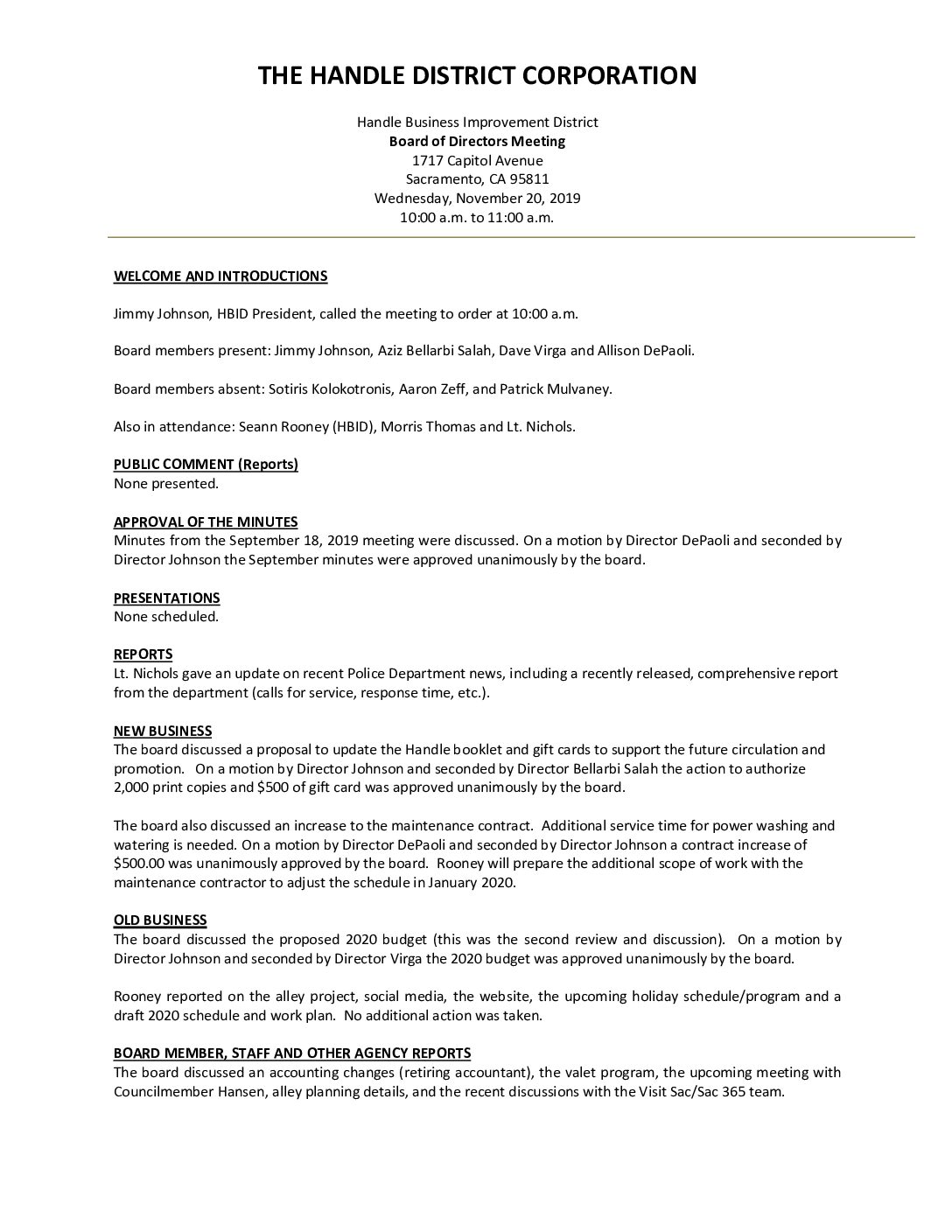 November 2019 Meeting Minutes