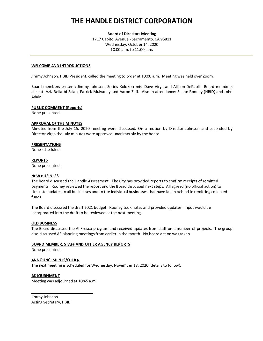 October 2020 Meeting Minutes